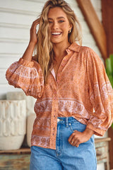 Moni Blouse - Collared Button Down Shirt with Balloon Sleeves in Peachy Print