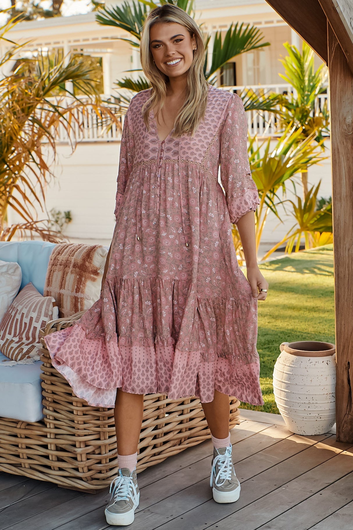 Monday Midi Dress - V Neck Crochet Bust Line Smock Dress with Balloon Sleeves in Rosabella Print