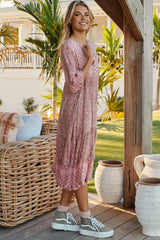 Monday Midi Dress - V Neck Crochet Bust Line Smock Dress with Balloon Sleeves in Rosabella Print