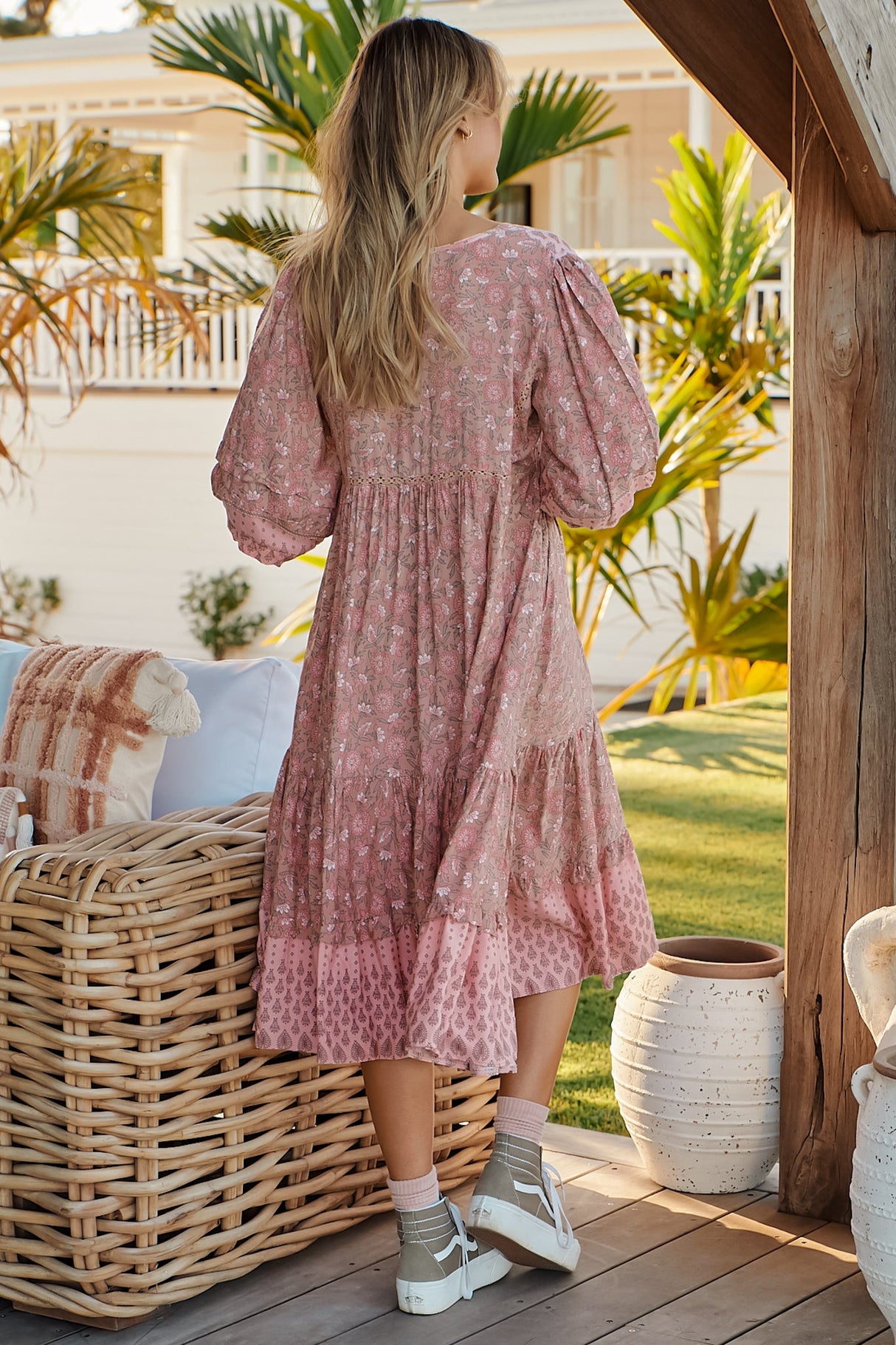 Monday Midi Dress - V Neck Crochet Bust Line Smock Dress with Balloon Sleeves in Rosabella Print