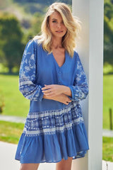 JAASE - Payson Mini Dress: Border Print Button Down Balloon Sleeve Dress in Eshana Print Blue