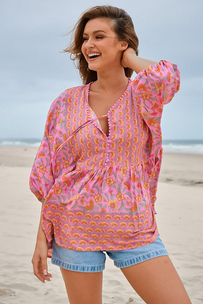 JAASE - Chloe Top: Very Oversized Crochet Trim Neckline Smock Top in Rosewater Print