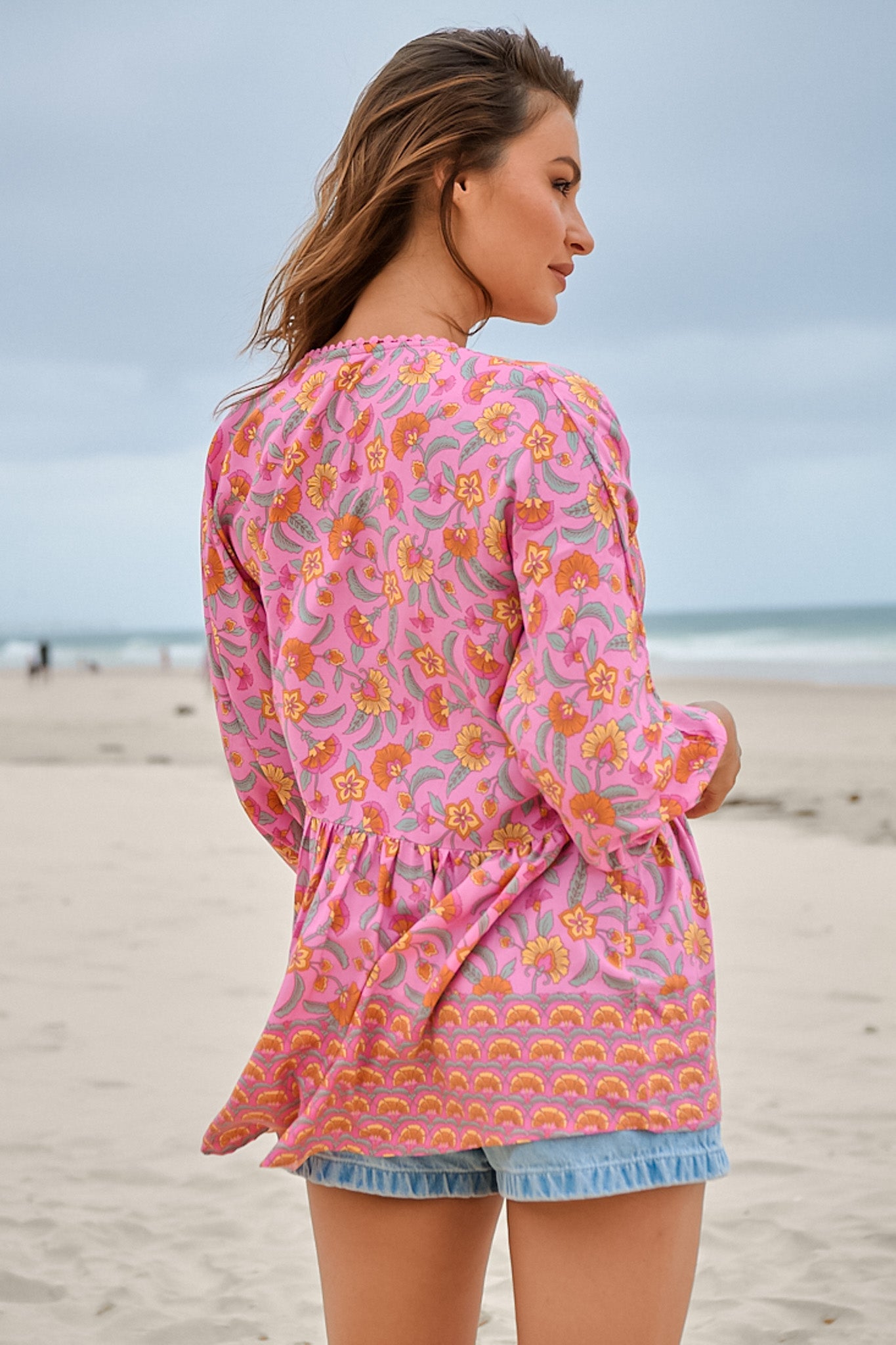 JAASE - Chloe Top: Very Oversized Crochet Trim Neckline Smock Top in Rosewater Print