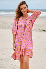 JAASE - French Mini Dress: Yoke Neckline Dress with Matching Belt in Rosewater Print