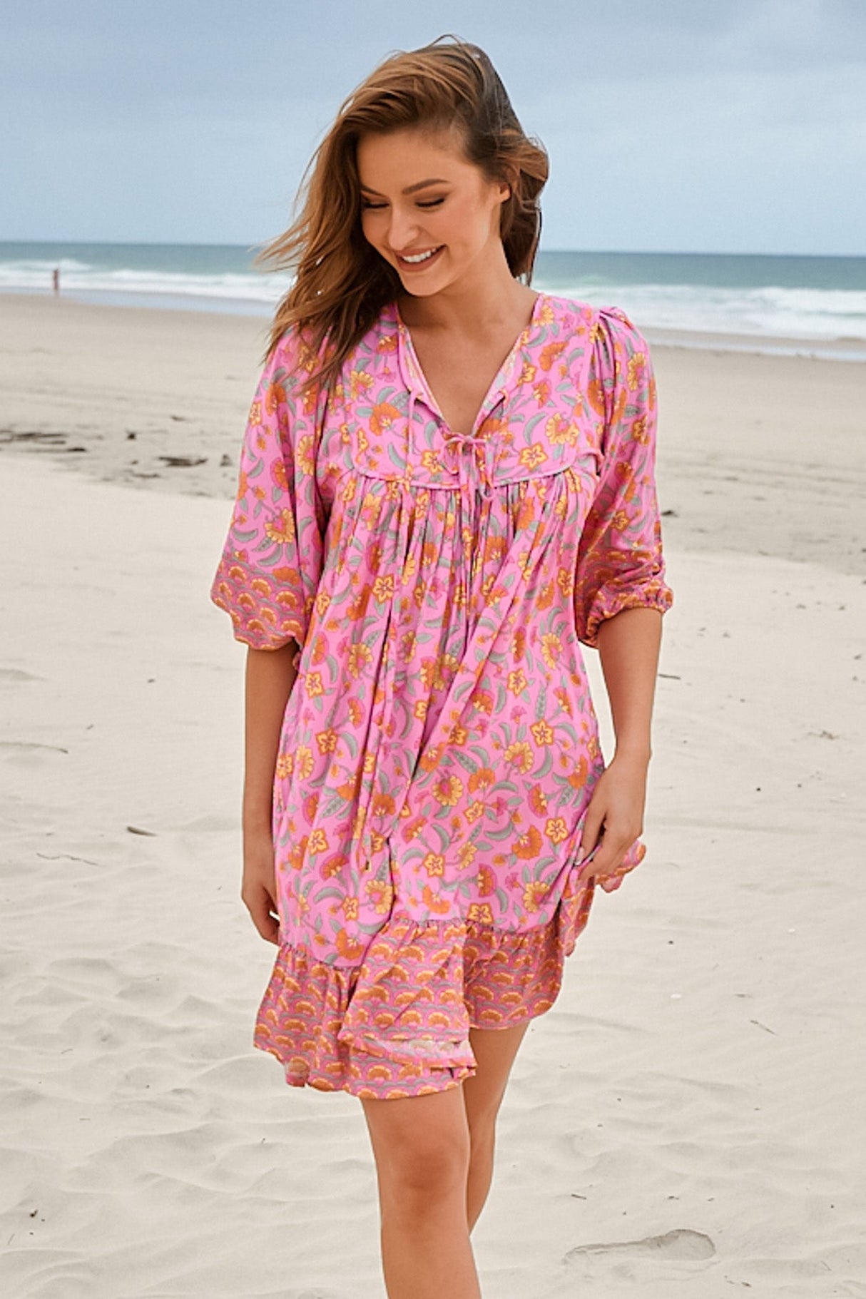 JAASE - French Mini Dress: Yoke Neckline Dress with Matching Belt in Rosewater Print