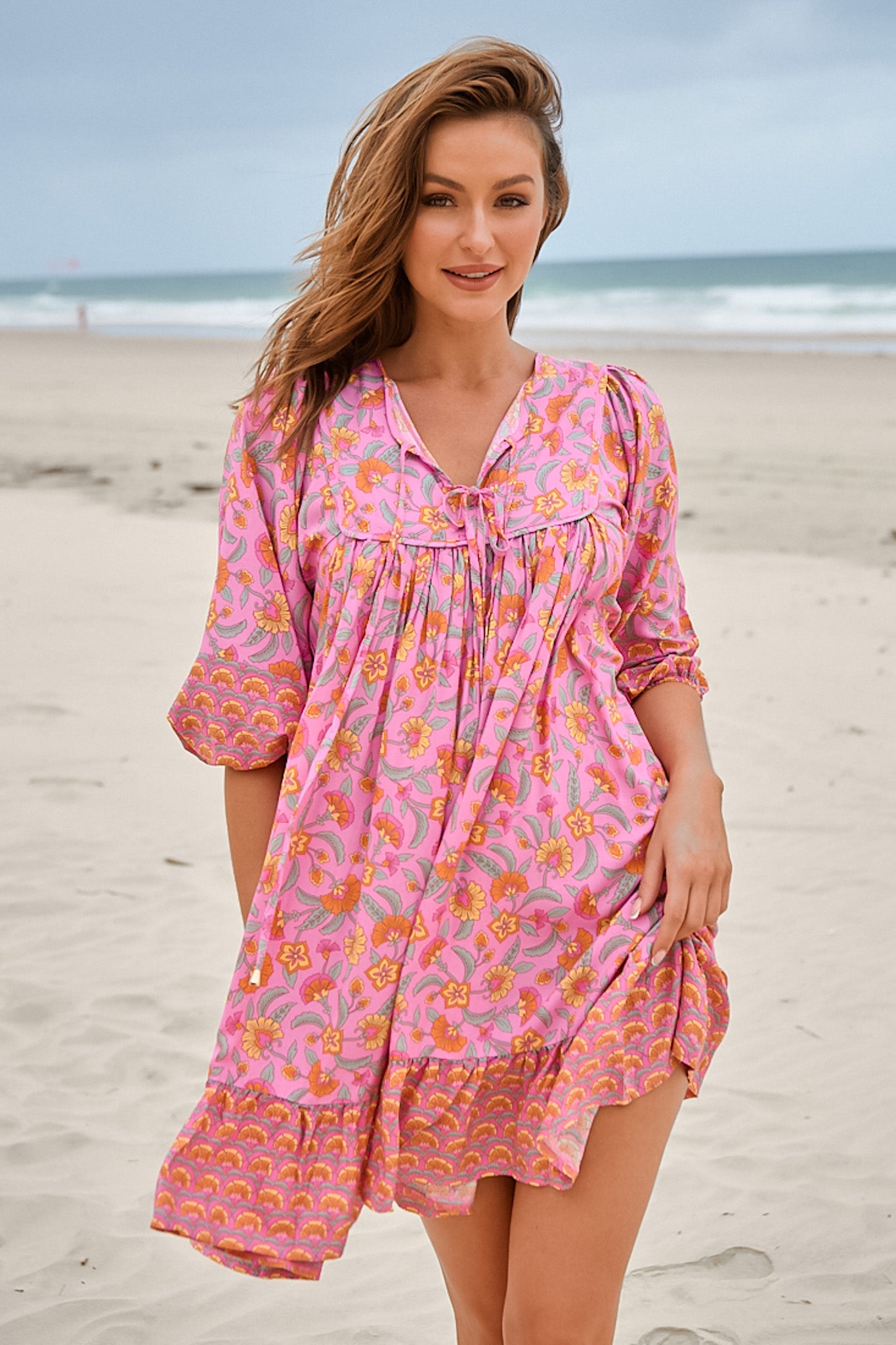 JAASE - French Mini Dress: Yoke Neckline Dress with Matching Belt in Rosewater Print