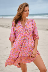 JAASE - French Mini Dress: Yoke Neckline Dress with Matching Belt in Rosewater Print