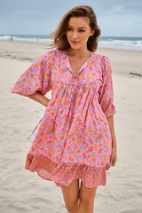 JAASE - French Mini Dress: Yoke Neckline Dress with Matching Belt in Rosewater Print