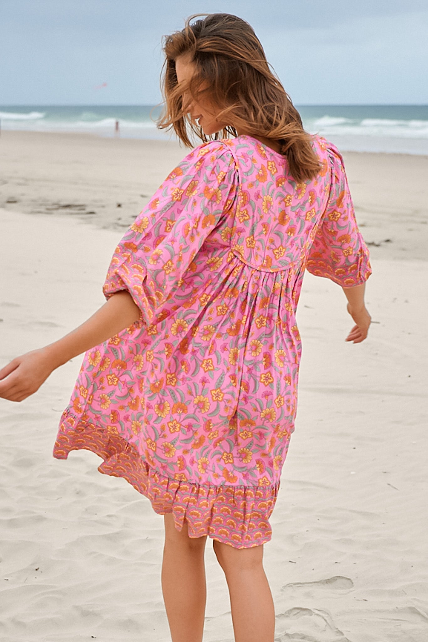 JAASE - French Mini Dress: Yoke Neckline Dress with Matching Belt in Rosewater Print