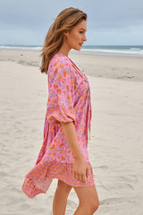 JAASE - French Mini Dress: Yoke Neckline Dress with Matching Belt in Rosewater Print