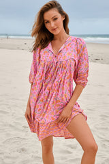 JAASE - French Mini Dress: Yoke Neckline Dress with Matching Belt in Rosewater Print