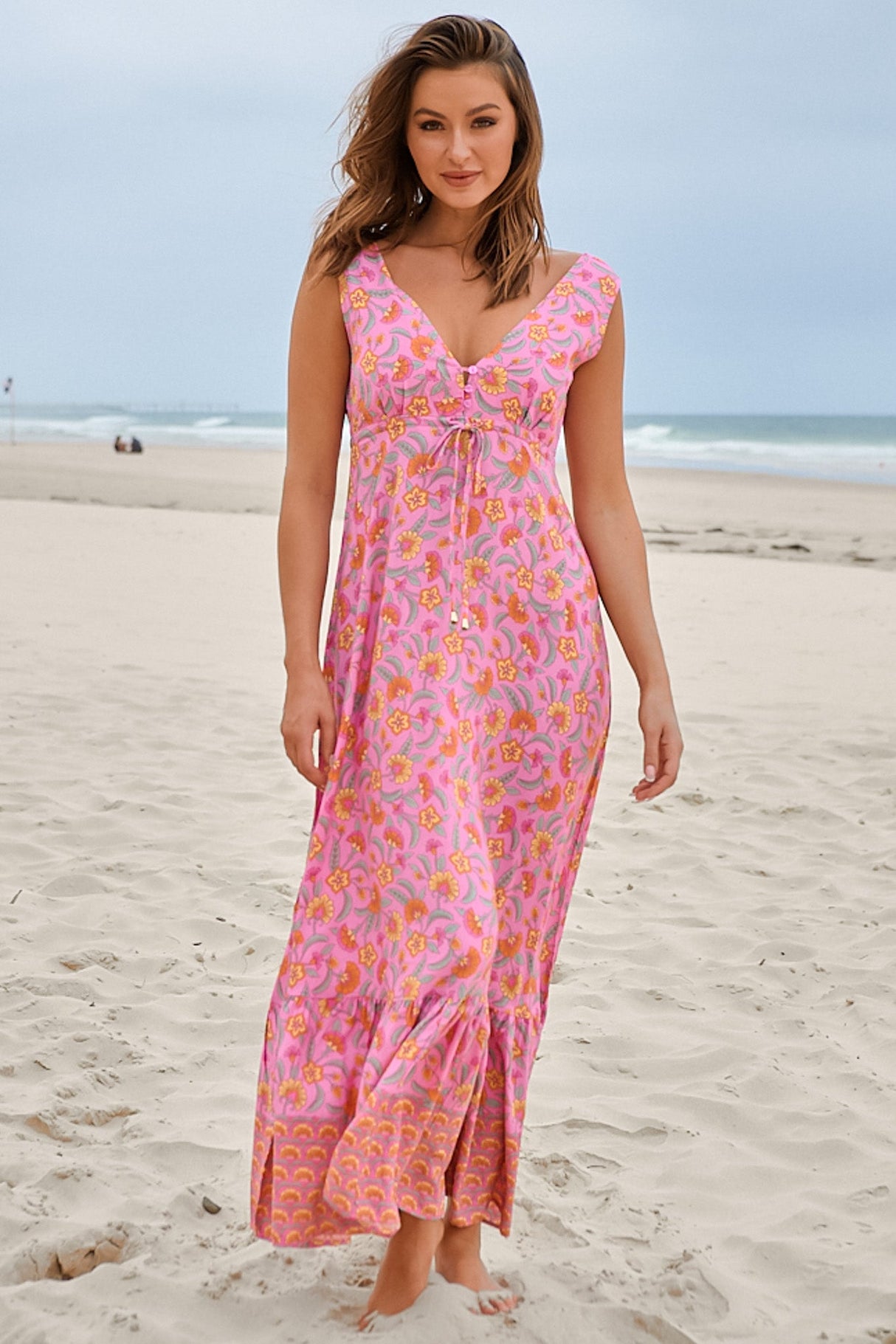 JAASE - Esmie Maxi Dress: V Neck Front and Back A Line Sun Dress in Rosewater Print