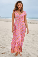 JAASE - Esmie Maxi Dress: V Neck Front and Back A Line Sun Dress in Rosewater Print