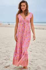 JAASE - Esmie Maxi Dress: V Neck Front and Back A Line Sun Dress in Rosewater Print