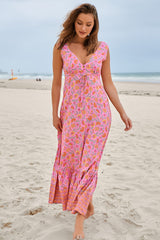 JAASE - Esmie Maxi Dress: V Neck Front and Back A Line Sun Dress in Rosewater Print