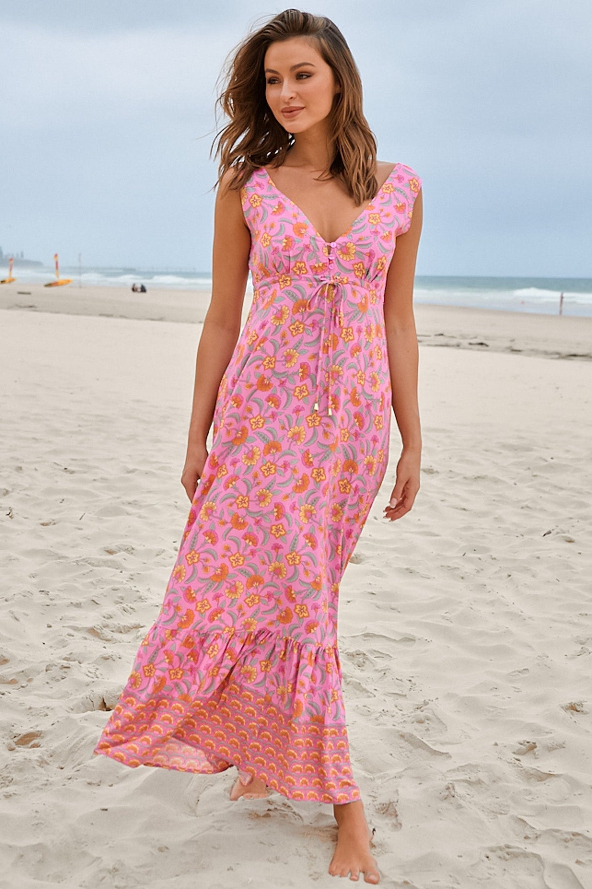 JAASE - Esmie Maxi Dress: V Neck Front and Back A Line Sun Dress in Rosewater Print