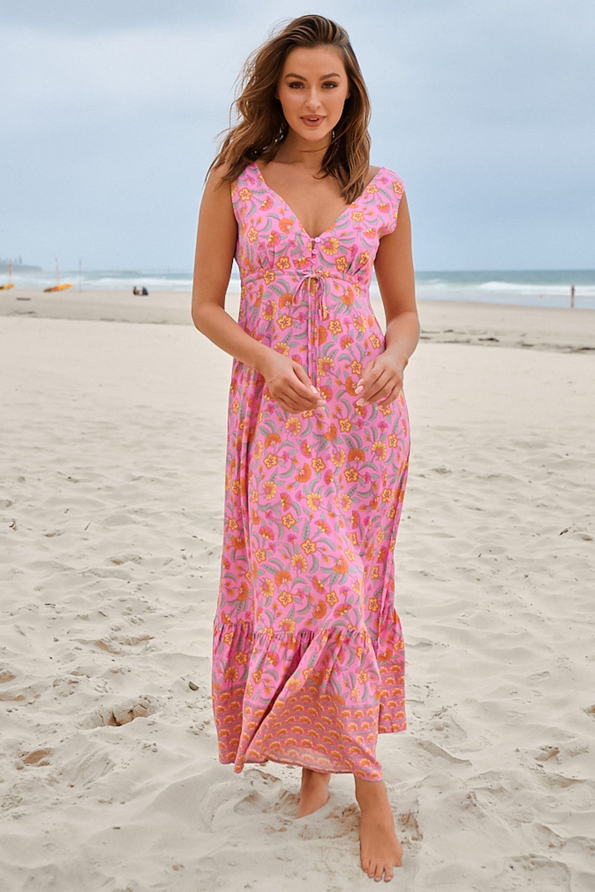 JAASE - Esmie Maxi Dress: V Neck Front and Back A Line Sun Dress in Rosewater Print