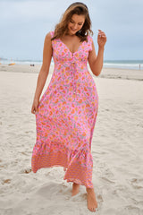 JAASE - Esmie Maxi Dress: V Neck Front and Back A Line Sun Dress in Rosewater Print