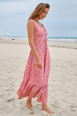 JAASE - Esmie Maxi Dress: V Neck Front and Back A Line Sun Dress in Rosewater Print