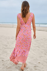 JAASE - Esmie Maxi Dress: V Neck Front and Back A Line Sun Dress in Rosewater Print