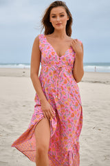 JAASE - Esmie Maxi Dress: V Neck Front and Back A Line Sun Dress in Rosewater Print