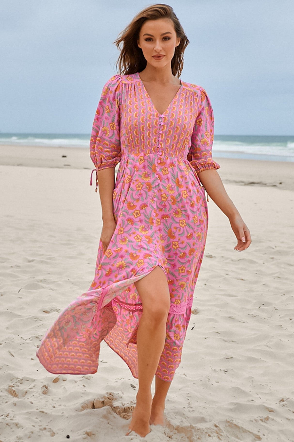 JAASE - Molli Maxi Dress: Button Down A-Line Dress with Tied Sleeves in Rosewater Print