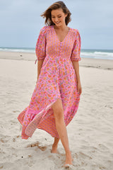 JAASE - Molli Maxi Dress: Button Down A-Line Dress with Tied Sleeves in Rosewater Print