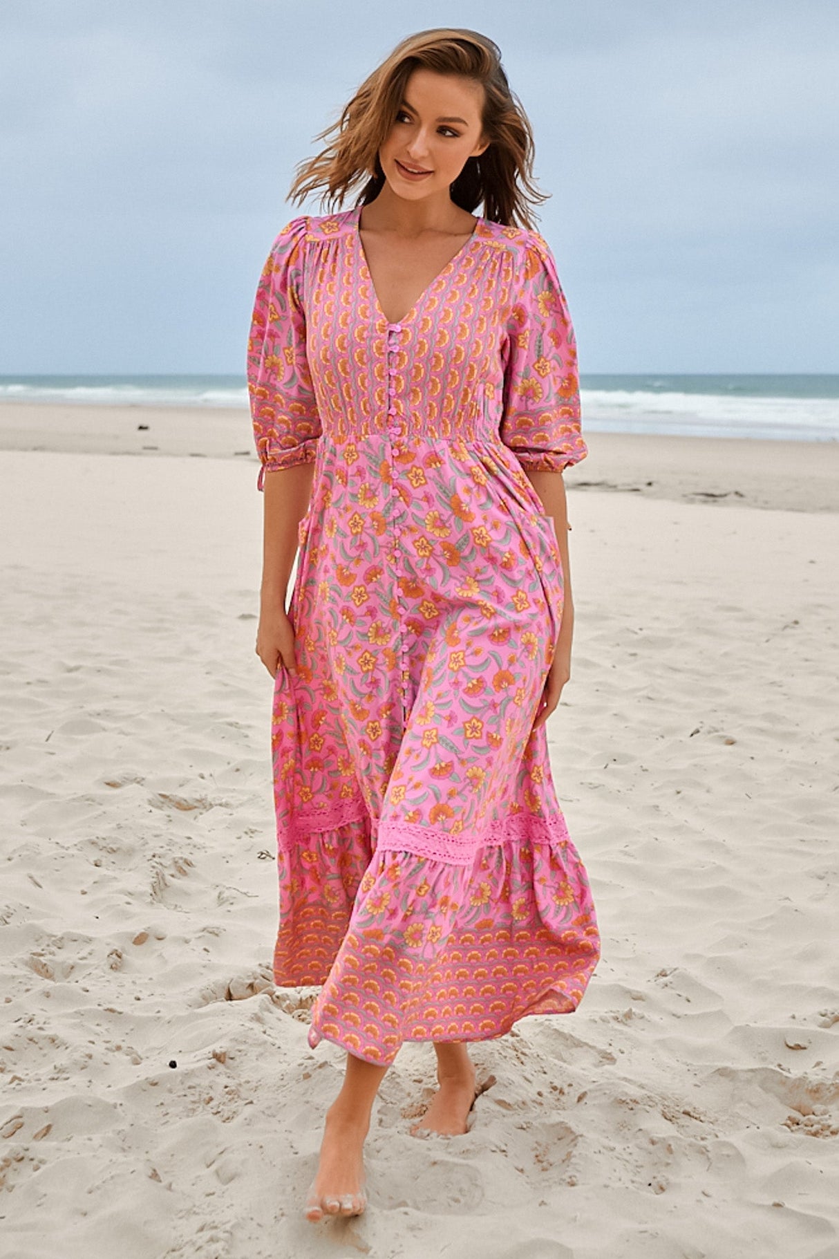 JAASE - Molli Maxi Dress: Button Down A-Line Dress with Tied Sleeves in Rosewater Print