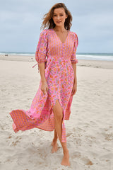 JAASE - Molli Maxi Dress: Button Down A-Line Dress with Tied Sleeves in Rosewater Print