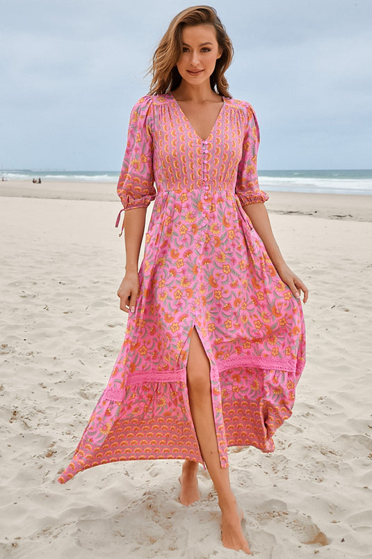 JAASE - Molli Maxi Dress: Button Down A-Line Dress with Tied Sleeves in Rosewater Print
