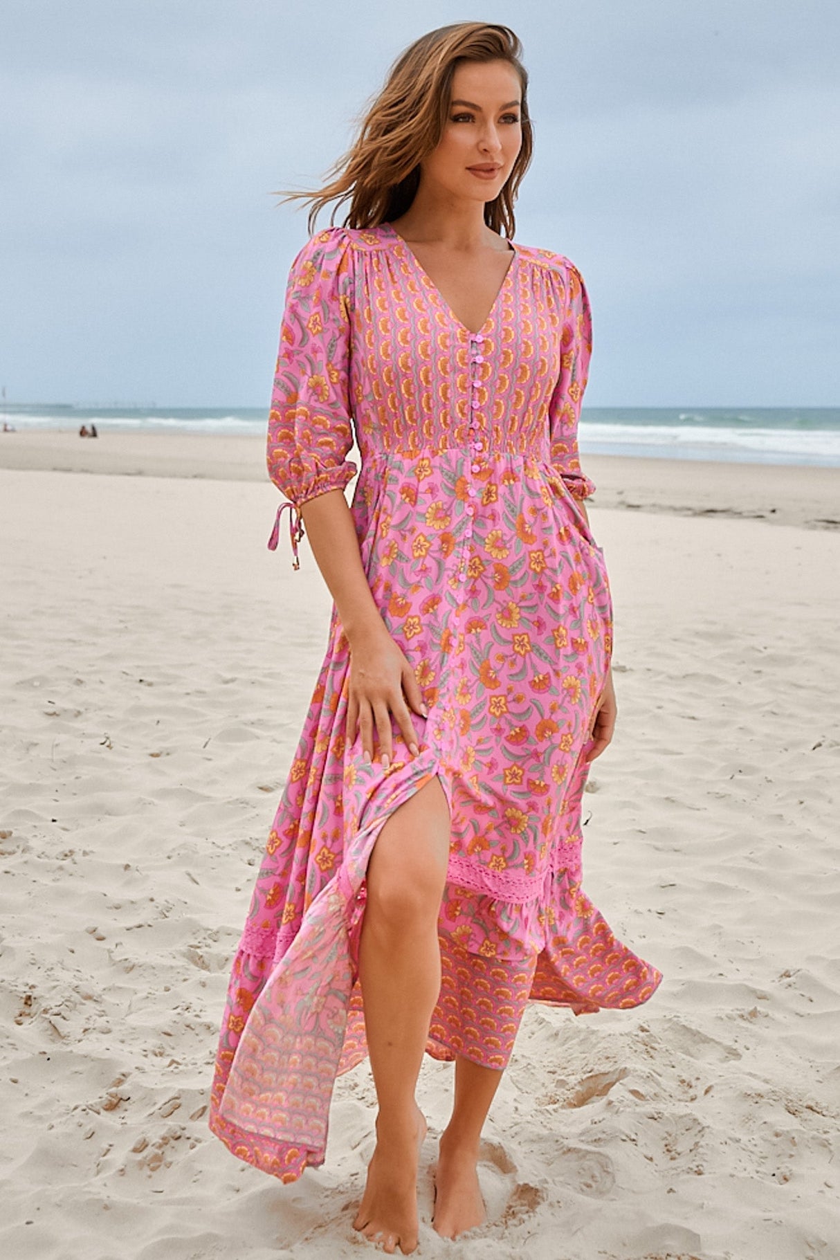 JAASE - Molli Maxi Dress: Button Down A-Line Dress with Tied Sleeves in Rosewater Print