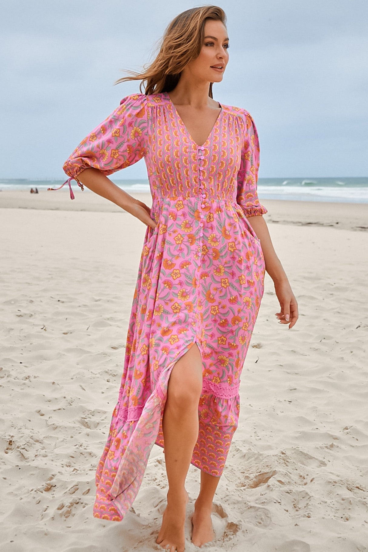 JAASE - Molli Maxi Dress: Button Down A-Line Dress with Tied Sleeves in Rosewater Print