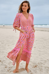 JAASE - Molli Maxi Dress: Button Down A-Line Dress with Tied Sleeves in Rosewater Print