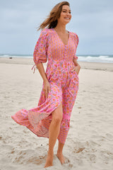 JAASE - Molli Maxi Dress: Button Down A-Line Dress with Tied Sleeves in Rosewater Print