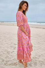 JAASE - Molli Maxi Dress: Button Down A-Line Dress with Tied Sleeves in Rosewater Print