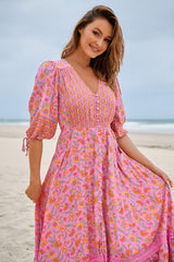 JAASE - Molli Maxi Dress: Button Down A-Line Dress with Tied Sleeves in Rosewater Print