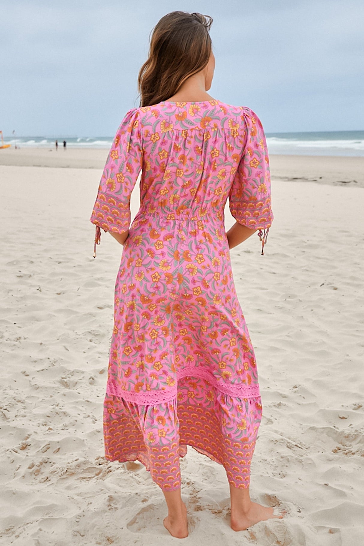 JAASE - Molli Maxi Dress: Button Down A-Line Dress with Tied Sleeves in Rosewater Print