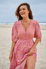 JAASE - Molli Maxi Dress: Button Down A-Line Dress with Tied Sleeves in Rosewater Print