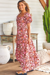 JAASE - Claudette Maxi Dress: On or Off Shoulder Elasticated Bodice Short Balloon Sleeve Dress in Pixie Print