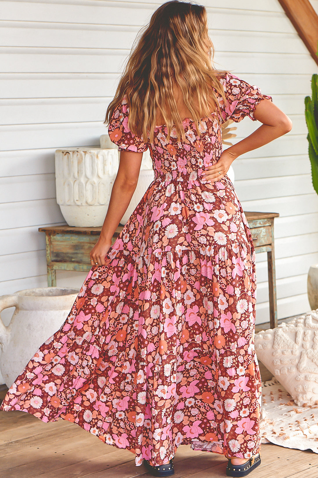 JAASE - Claudette Maxi Dress: On or Off Shoulder Elasticated Bodice Short Balloon Sleeve Dress in Pixie Print