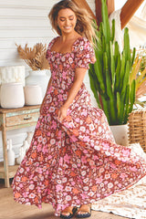 JAASE - Claudette Maxi Dress: On or Off Shoulder Elasticated Bodice Short Balloon Sleeve Dress in Pixie Print