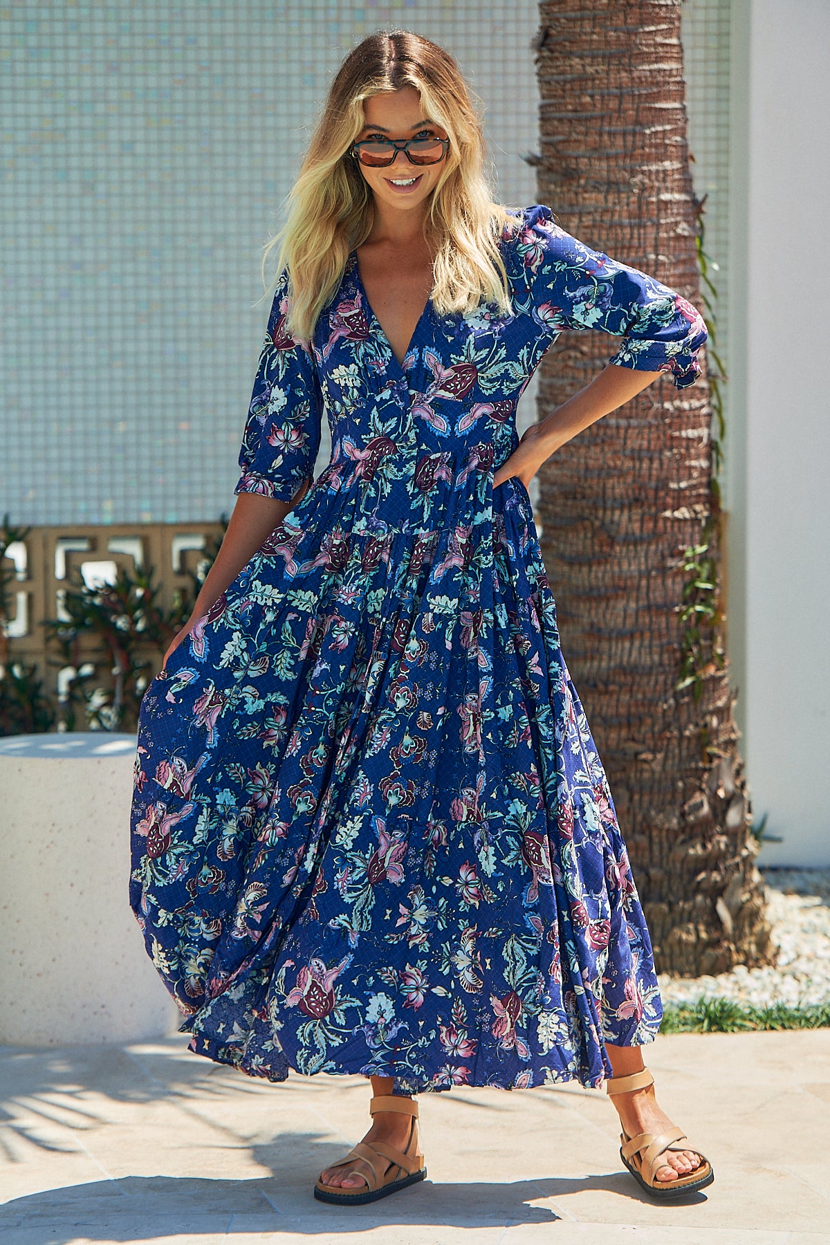 JAASE - Berry Maxi Dress - V-Neck 3/4 Sleeve Tiered Dress in Indigo Floral Print