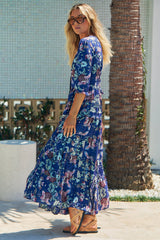 JAASE - Berry Maxi Dress - V-Neck 3/4 Sleeve Tiered Dress in Indigo Floral Print