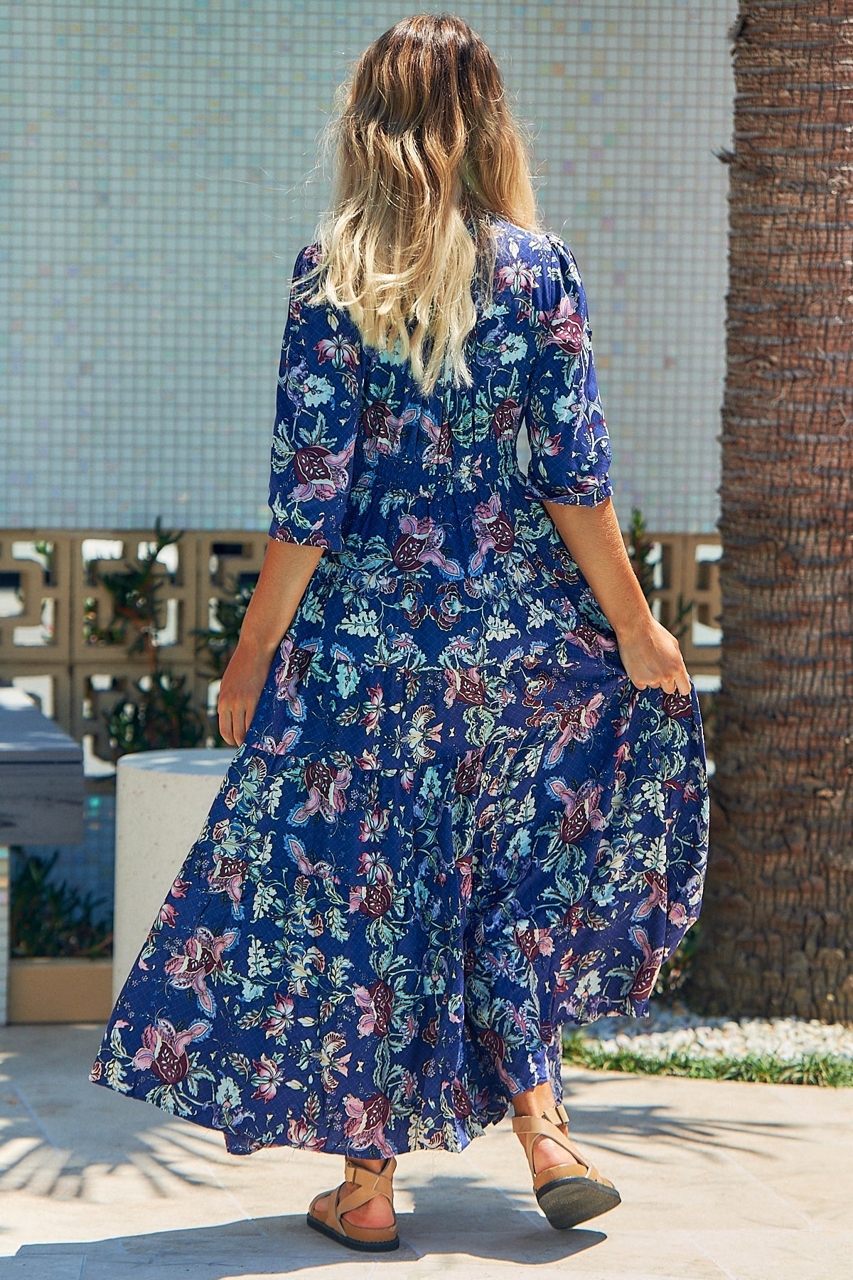 JAASE - Berry Maxi Dress - V-Neck 3/4 Sleeve Tiered Dress in Indigo Floral Print