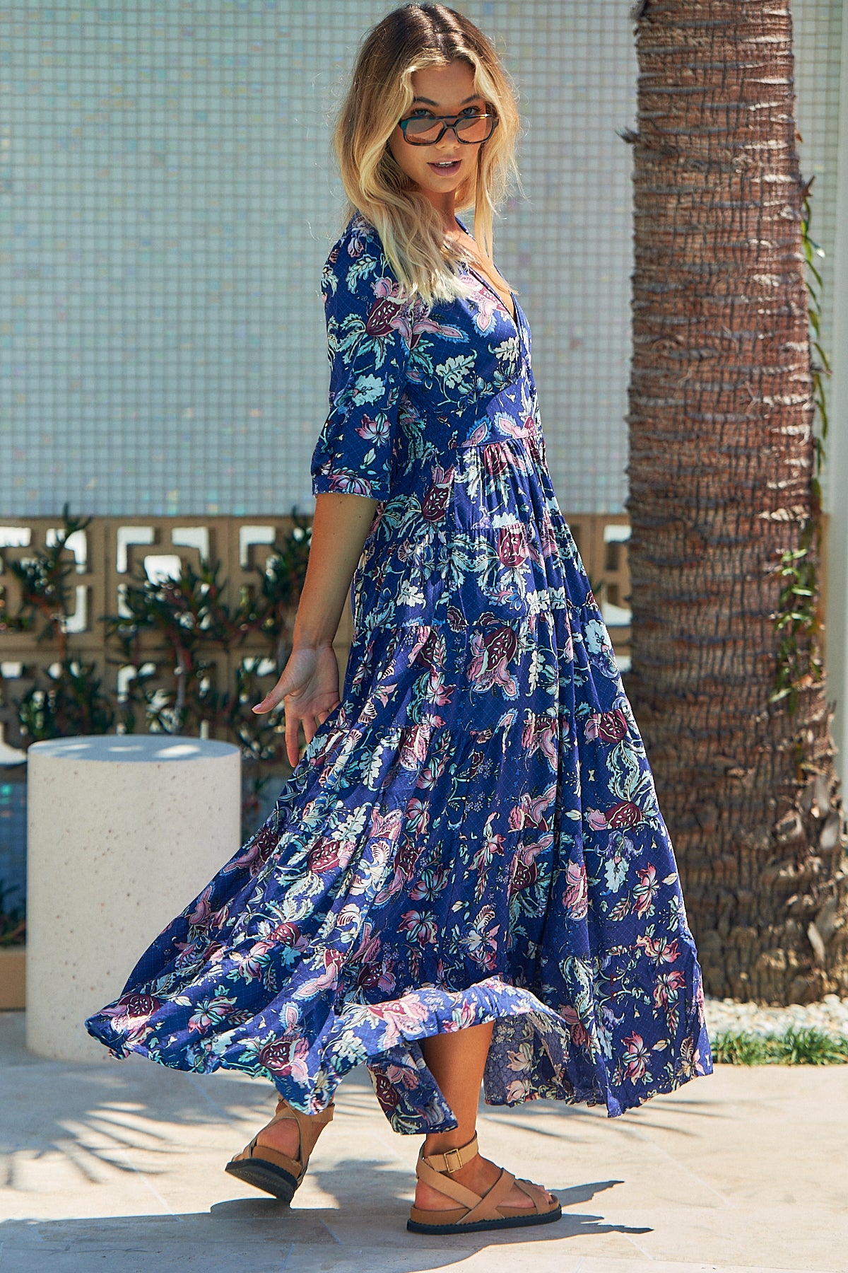 JAASE - Berry Maxi Dress - V-Neck 3/4 Sleeve Tiered Dress in Indigo Floral Print