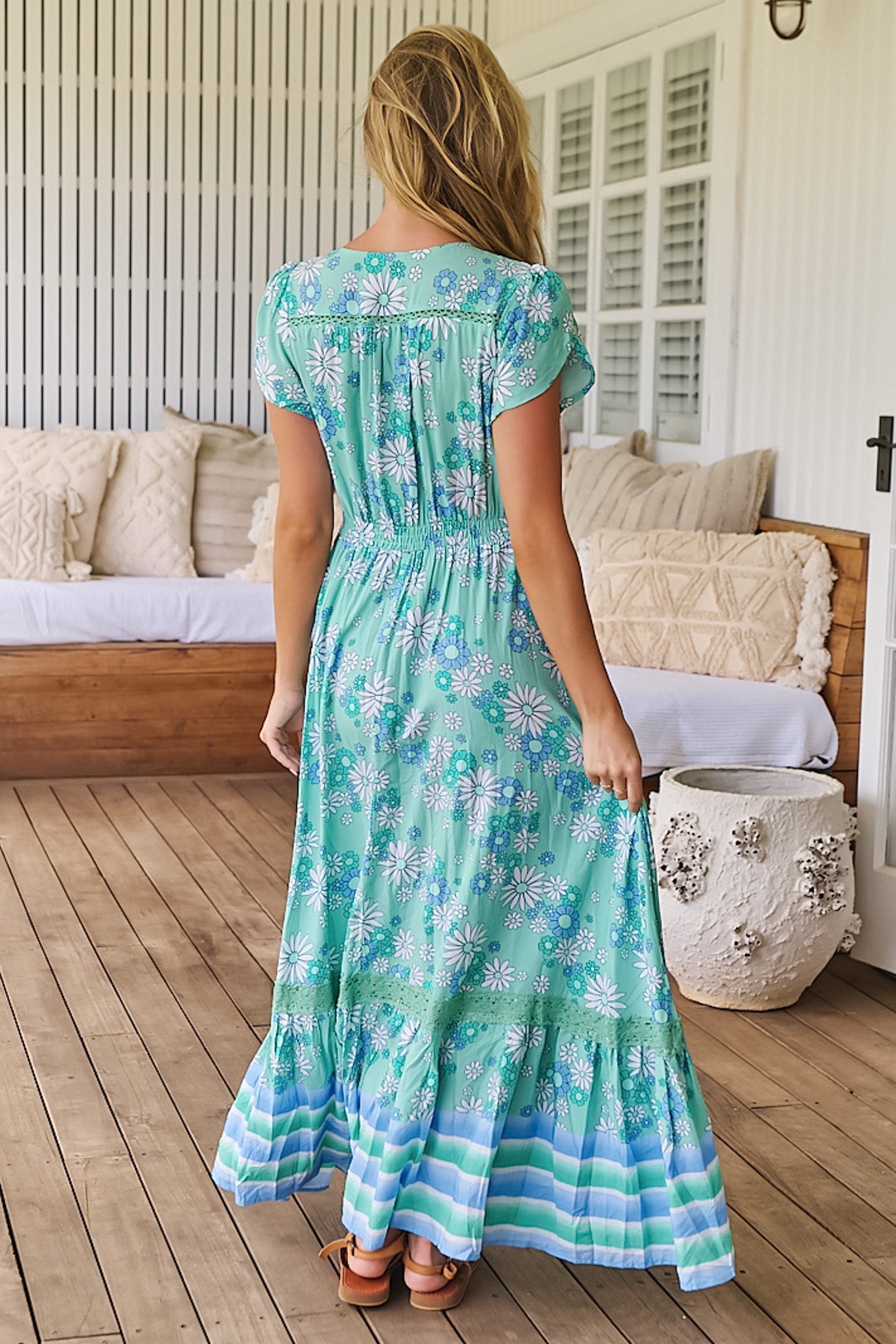 JAASE - Carmen Maxi Dress: Butterfly Cap Sleeve Button Down A Line Dress with Lace Trim in Malina Print