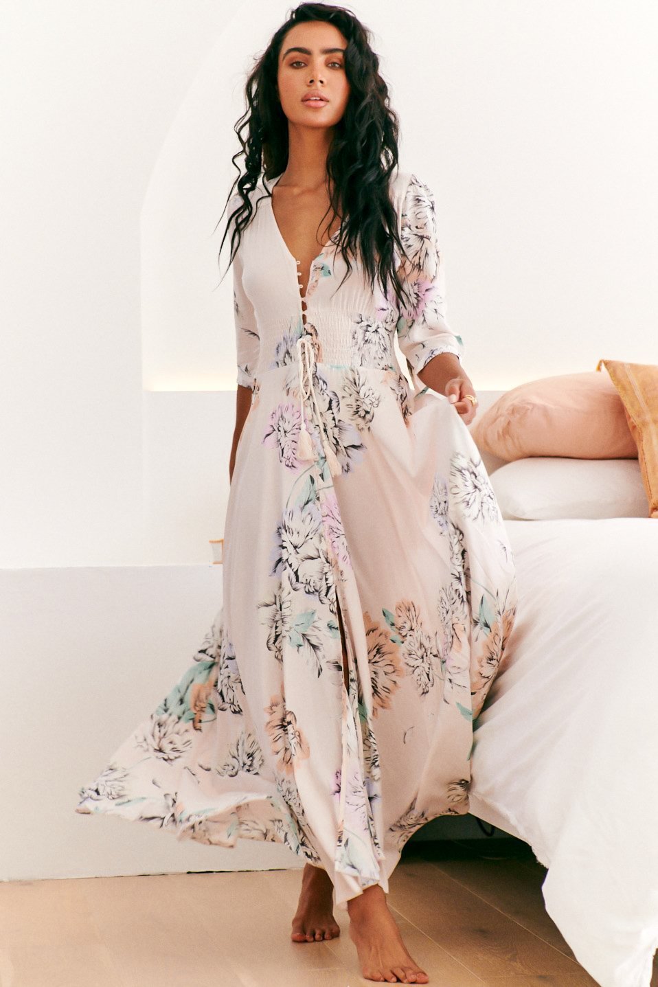 JAASE - Indiana Maxi Dress: Lace Back Shirred Waist A Line Dress with Handkercheif Hemline in Blooming Bouquet Print