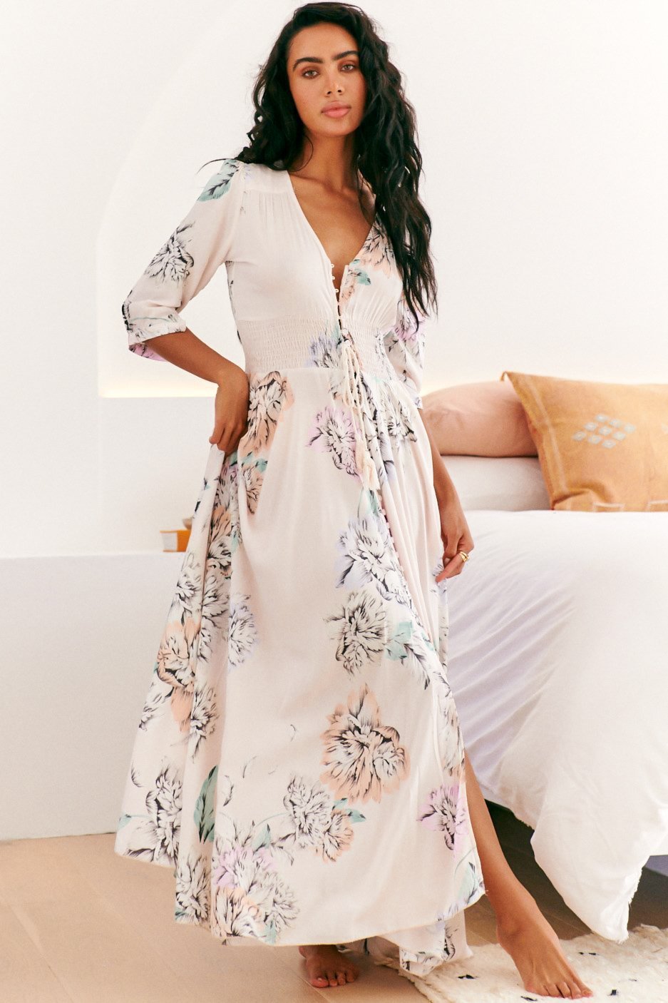 JAASE - Indiana Maxi Dress: Lace Back Shirred Waist A Line Dress with Handkercheif Hemline in Blooming Bouquet Print