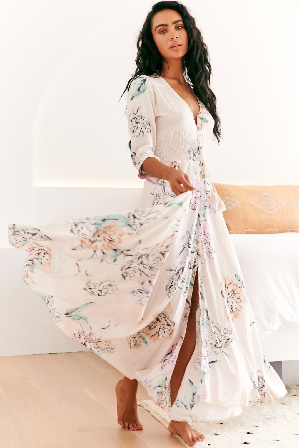 JAASE - Indiana Maxi Dress: Lace Back Shirred Waist A Line Dress with Handkercheif Hemline in Blooming Bouquet Print
