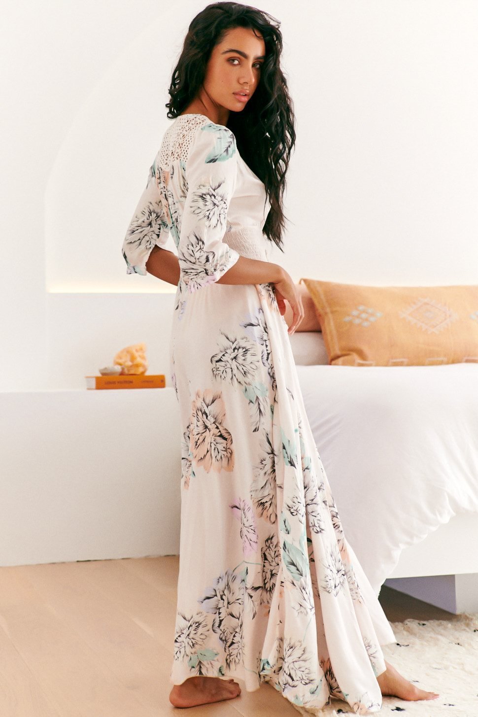 JAASE - Indiana Maxi Dress: Lace Back Shirred Waist A Line Dress with Handkercheif Hemline in Blooming Bouquet Print
